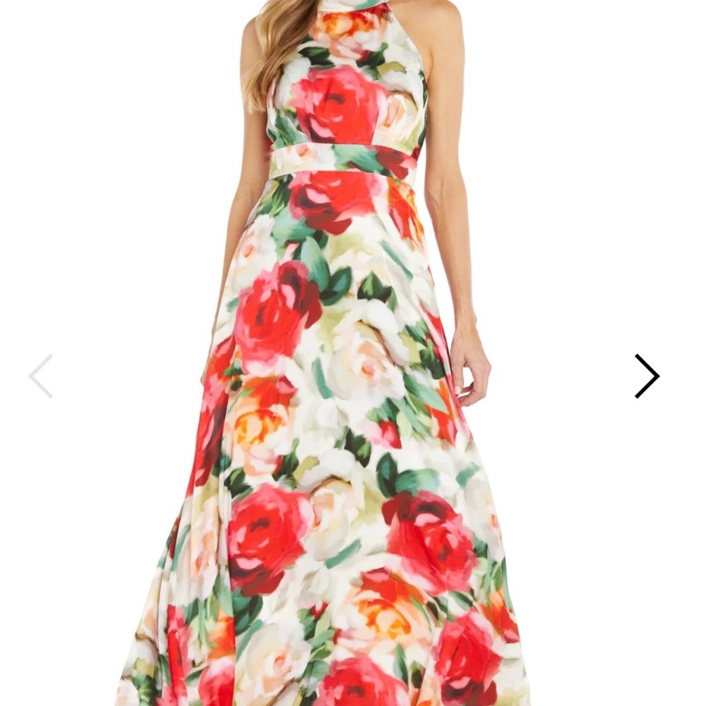 R&M Richards Red and Green Floral Maxi Dress